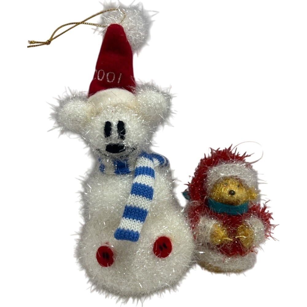Pair Of Vintage‎ Winnie The Pooh & Snowman Tinsel Christmas Ornaments